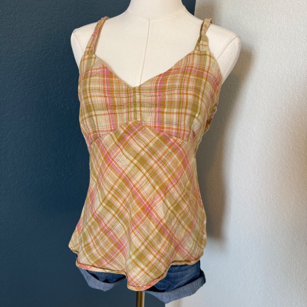 Cottagecore Plaid CP Shades Linen Babydoll Tank Medium Pink Green